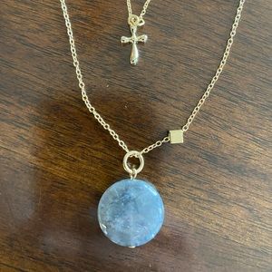 NEW Smokey Quartz and cross double layer gold tone necklace